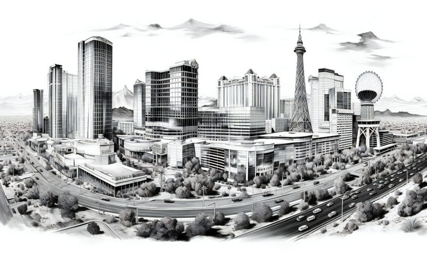 Las Vegas Skyline Panoramic Art Print - Iconic Cityscape Digital Wall Art for Modern Decor, Unique Gifts, and Personalized Apparel