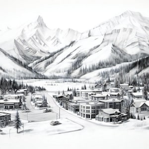 Telluride Mountain Town Winter Art - Elegant Black and White Ski Resort Print for Cozy Home or Cabin Decor