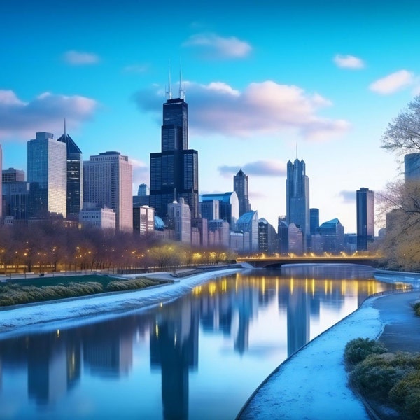 Winter Dawn Chicago Skyline - Peaceful Morning Cityscape Digital Art for Decor