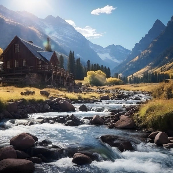 Telluride Mountain Retreat: Rustic Cabin and Babbling Brook Digital Art for Cozy Home Decor and Relaxing Wall Prints