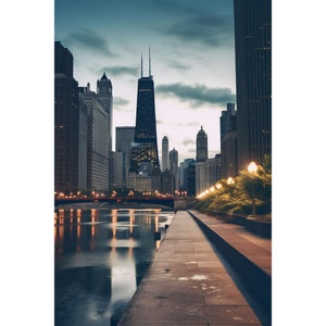 May include: A view of a city skyline at dusk with a river in the foreground. The river is reflecting the city lights. A walkway leads to the river with streetlights lining the path.