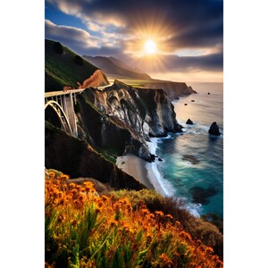 Breathtaking Big Sur Coastal Landscape - Majestic Sunset Over Iconic Bridge Digital Print for Canvas, Apparel, Home Decor
