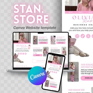 May include: A pink and white Canva website template design, with a laptop and smartphone showing a website layout. The design includes the text "STAN. STORE" and "Canva Website template."