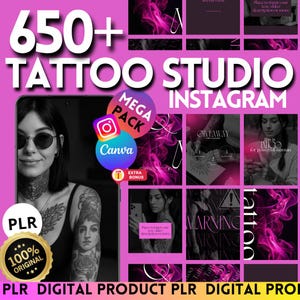 Plantilla digital PLR de tatuajes para redes sociales para artistas del tatuaje, publicaciones e historias para estudios de tatuajes, Parlos, feed de IG y FB, simple y editable en Canva