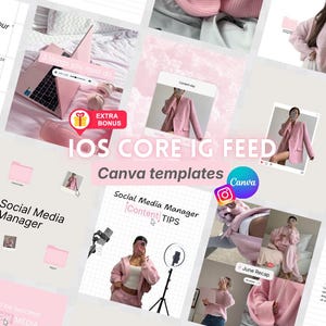 Op de afbeelding: Een verzameling digitale social media sjablonen met een roze kleurenpalet, inclusief tekstoverlays zoals IOS CORE IG FEED, Canva templates, Social Media Manager en Content TIPS, met diverse lay-outs die lifestyle-afbeeldingen tonen.