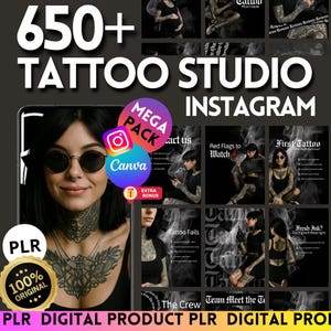 Plantilla digital PLR de tatuajes para redes sociales para artistas del tatuaje, publicaciones e historias para estudios de tatuajes, Parlos, feed de IG y FB, simple y editable en Canva