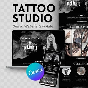 May include: A digital marketing template for a tattoo studio, featuring a laptop and smartphone displaying the studio's branding and portfolio. The design is predominantly black and white, with the studio's logo and the text "TATTOO STUDIO" prominently displayed.