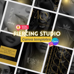 Peut inclure: Une collection de modèles numériques pour réseaux sociaux pour un studio de piercing avec des tons noirs et dorés, des photographies en gros plan de piercings et des textes superposés comme PIERCING STUDIO, FAQ, HEALING RULES et MONROE piercing.