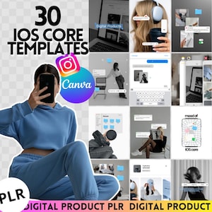 Puede incluir: Un collage promocional con el texto "30 IOS CORE TEMPLATES" y "Digital Product" con un logotipo de Canva. La imagen incluye capturas de pantalla de interfaces de productos digitales, una persona con un chándal azul y otras imágenes de estilo de vida.