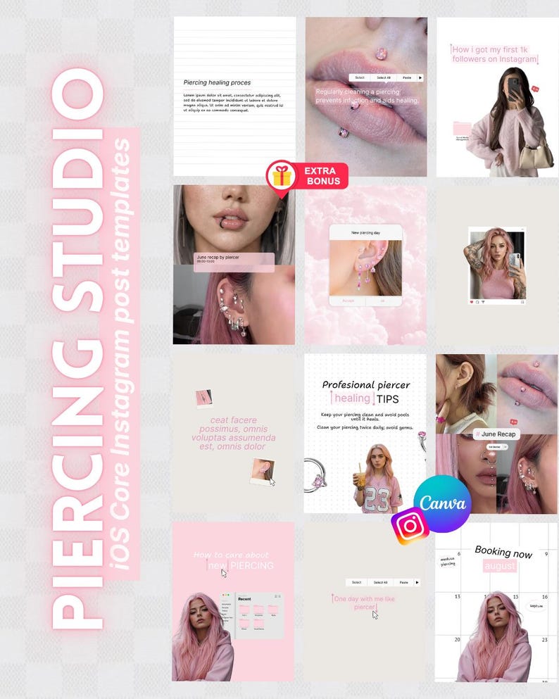 Piercing Instagram Canva Templates | Pink Ios Style Social Media Kit ...