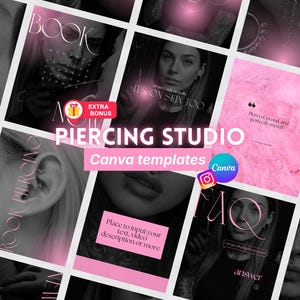 Könnte beinhalten: Eine Sammlung digitaler Social-Media-Vorlagen für ein Piercingstudio in einem rosa-schwarzen Farbschema. Die Vorlagen enthalten Textüberlagerungen wie BOOK NOW, PIERCING STUDIO, FAQ sowie Platzhalter für individuellen Text und Bilder.