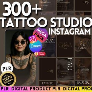 Plantilla digital PLR de tatuajes para redes sociales para artistas del tatuaje, publicaciones e historias para estudios de tatuajes, Parlos, feed de IG y FB, simple y editable en Canva