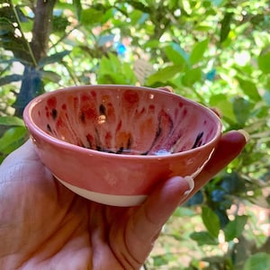 May include: A small, round ceramic bowl with a pink exterior and a white base. The interior features a unique pattern of red, black, and orange splatters. The bowl is held in a hand, with a blurred green background.