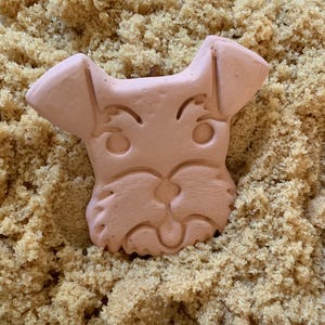 May include: A pink clay sculpture of a dog's face, with a playful expression, is partially submerged in brown sugar.