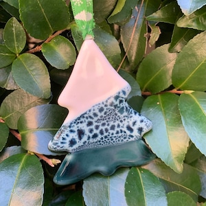 Handmade Small Christmas Tree Ornament Stoneware Pottery Green and White Gift Holiday Home Decor