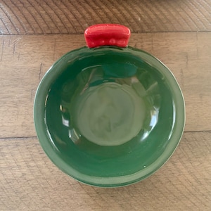 Small Green and Red Ball Ornament Bowl Handmade Pottery on white clay Candy Dish Trinket Jewelry Stoneware Holiday Christmas