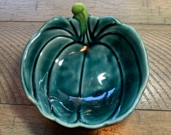 Small Handmade Turquoise and Green Pottery Pumpkin Bowl Candy Dish Trinket Jewelry Fall Halloween Harvest Squash Stoneware