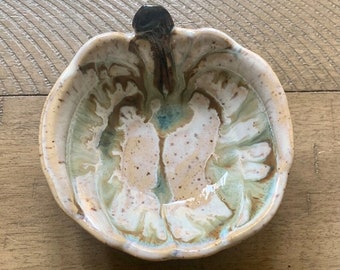 Small Handmade White Green Pottery Pumpkin Bowl Candy Dish Trinket Jewelry Fall Halloween Harvest Squash Stoneware
