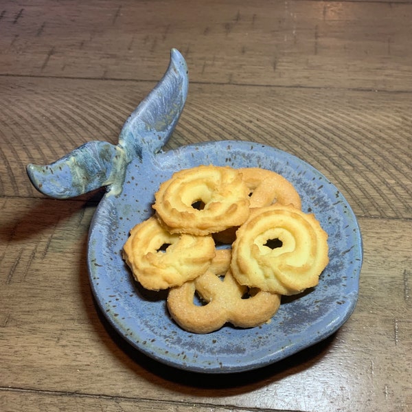 Small Handmade Blue Matte Glaze Whale Fish Tail Dish Shallow Bowl Candy Dish Trinket Jewelry Stoneware Plate Sea Ocean Beach cookie plate