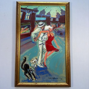 May include: An original painting in a gold frame depicts a couple dancing on a street with a black cat and a dog. The man wears a white suit, and the woman is in a red dress. The painting has a vintage, stylized look.