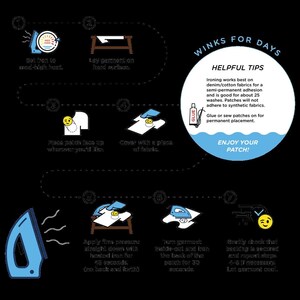 May include: Illustrated guide with instructions for applying patches using an iron. The steps include setting the iron, placing the patch, covering with fabric, and applying heat. Text reads "Winks for Days" and "Enjoy Your Patch!"