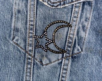 Celestial gold Moon outline with silver Star shimmer Embroidery Iron On patch Applique Star filled 2 x 2 astral