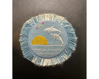 Dolphin Sunset Embroidered Iron on Patch Applique Iron On Sew On Coastal Ocean