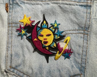 Celestial Cosmic Diva Iron On Patch Embroidered Sun Moon Planet Star Y2K Purple