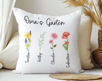 Deko Kissen Omas Garten Geburtsmonat Blumen mit Namen personalisiert | Kinder Enkel Namenskissen Geschenk Oma Mama | Muttertagsgeschenk