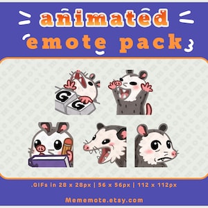 Peut inclure: Pack d'émotes animés avec un personnage de opossum dans différentes poses. L'opossum est représenté avec une expression surprise, tenant un crayon et la bouche ouverte. Les émotes sont disponibles en trois tailles : 28 x 28 pixels, 56 x 56 pixels et 112 x 112 pixels.