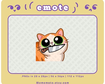 Pode incluir: Um gato de desenho animado laranja e branco com olhos verdes e um grande sorriso está segurando uma faca de prata na boca. O gato está olhando para a direita.