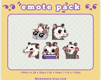 5 emotes Opossum pour Twitch, Discord, YouTube, Kick | GG, oeil latéral, cri, note, battage médiatique | Numéros d'identification : 0123, 0093, 0092, 0125, 0124