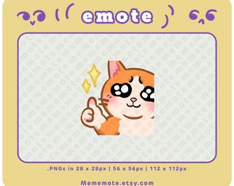 Pode incluir: Um gato de desenho animado com pelo laranja e olhos grandes dá um polegar para cima. O gato está usando uma auréola brilhante e tem uma expressão feliz. A imagem é cercada por uma borda roxa clara e um fundo amarelo claro.