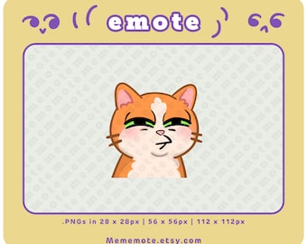 Pode incluir: Um gato laranja de desenho animado com olhos verdes e uma mancha branca na testa está olhando para a direita com uma expressão ligeiramente irritada. O gato tem um rubor rosado nas bochechas. A imagem está sobre um fundo branco com um padrão repetido da palavra "meme" em roxo.