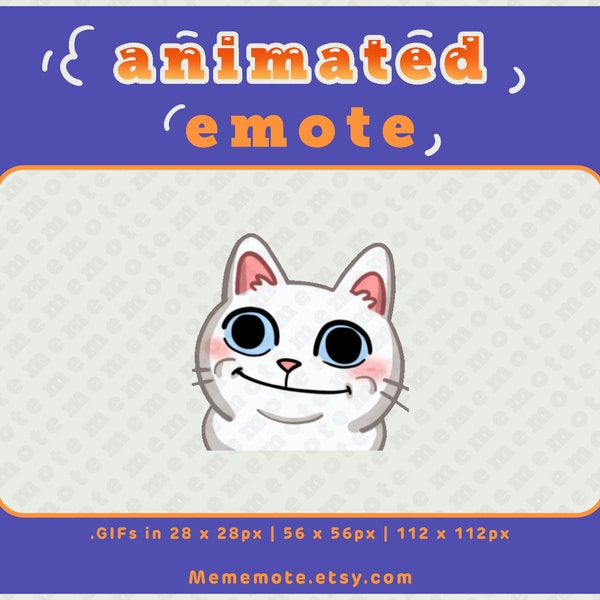 Emote animado de gato blanco con sonrisa educada para Twitch, Discord, YouTube y Kick/ ID#A0037
