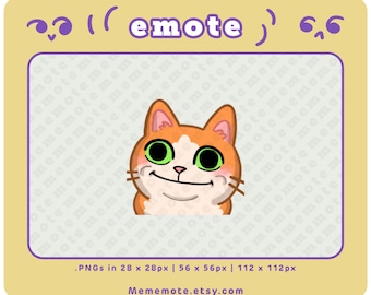 Pode incluir: Uma ilustração digital de um gato de desenho animado laranja e branco com olhos verdes, sorrindo. O gato está olhando para a direita. A imagem é cercada por uma moldura roxa com um fundo amarelo claro. O texto "meme emote" está no topo da moldura.