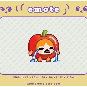 May include: A cartoon apple with a crying face wearing a red and orange costume. The apple is crying blue tears. The background is a light purple and white pattern with the word "meme" repeated.