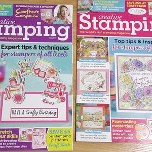 Op de afbeelding: Er worden twee nummers van het tijdschrift "Creative Stamping" getoond. De tijdschriften hebben kleurrijke covers met teksten als "Expert tips & techniques" en "Top tips & inspiration". Eén cover heeft een verjaardagsthema, de andere een knutselthema.