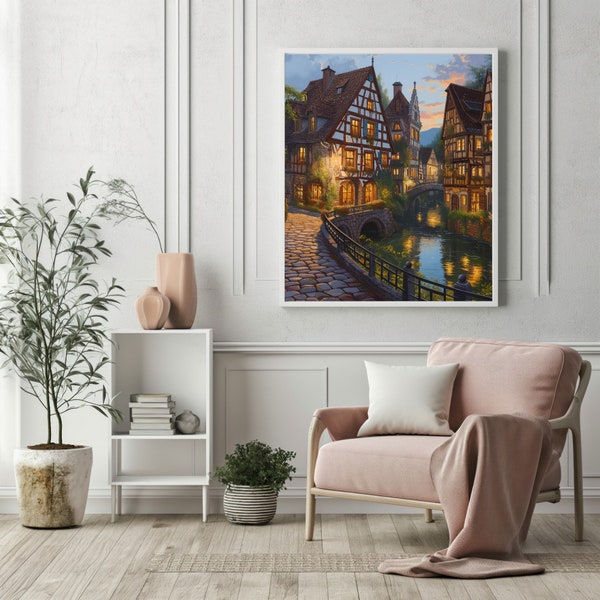 Enchanted European Village Scene, Twilight Cobblestone Street Art, Fairytale Half-Timbered Houses Print, Charming Waterway, Digital Download