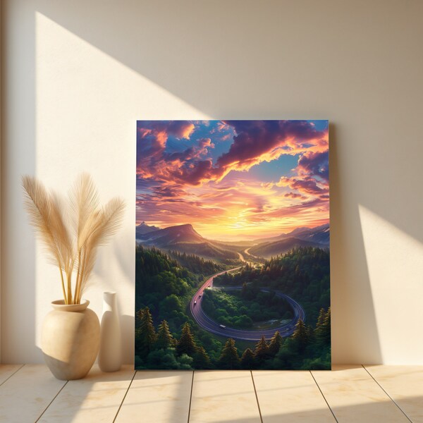 Majestic Mountain Road at Sunrise, Breathtaking Forest Landscape, Scenic Winding Highway Digital Art, Twilight Nature Panorama