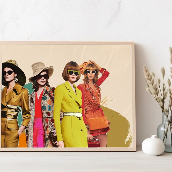 70s Fashion Icons Digital Print, Vintage Style Muses Artwork, Groovy Era Women's Fashion Wall Art