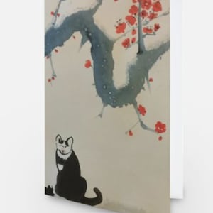 Carte de vœux imprimée avec peinture au pinceau chinois, chat et branche