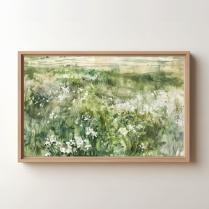 Printable Lush Green Field with White Flowers Landscape made from Digital and Downloadable.  Vintage Art by KP