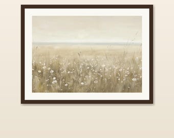 May include: A framed wall art print featuring a soft, painterly landscape of a field filled with small white flowers and tall grasses in shades of beige, tan, and cream, set within a dark brown rectangular frame with a white mat border.