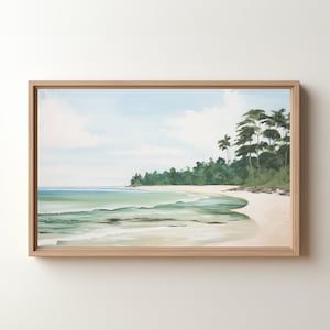 May include: A framed painting of a tropical beach scene with palm trees and turquoise water. The painting is in a light wood frame.