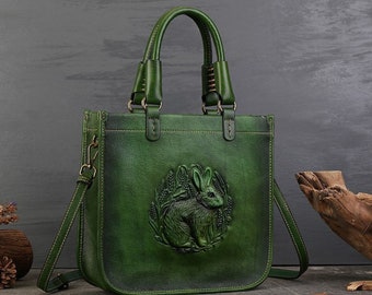 Leather Handbag For Women, Shoulder/  Messenger Bag With Bunny Pattern For Mom Gift