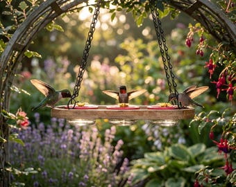 Wooden Tray Hummingbird Feeder with Ant Moat, Bee Proof Nectar Bird Feeder