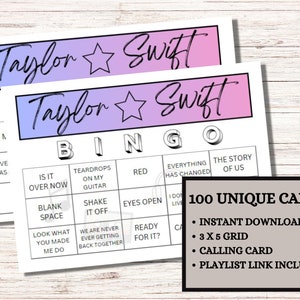 Bingo musical Taylor Swift, téléchargement immédiat, jeu de chansons pour fêtes, jeu de bingo musical, 100 cartes uniques, lien vers la liste de lecture Spotify inclus