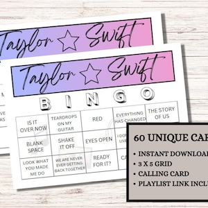 Bingo musical Taylor Swift, téléchargement immédiat, jeu de chanson pour les fêtes, jeu de bingo musical, 60 cartes uniques, lien vers la liste de lecture Spotify inclus
