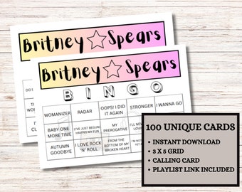 Britney Spears Musical Bingo Game, 100 Unique Cards (Digital Download)